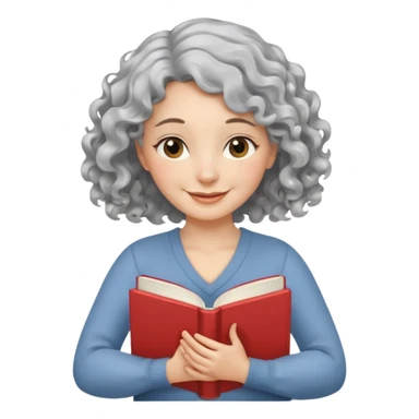 Silver hair, wavy/curly hair chin-length lady giving hug with 2 arms,  v-neck and smiling, add a favorite book sticker