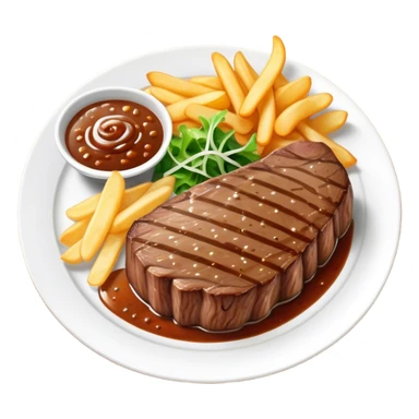 big juicy australian steak meal featuring chips, small salad in a ramiken and gravy  sticker