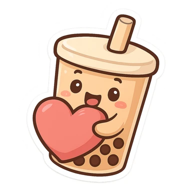 chibi sticker-style bubble tea with a big heart, cute and exaggerated sticker