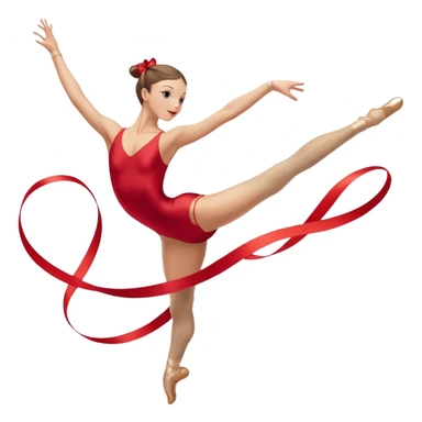 A graceful rhythmic gymnast performing with a flowing ribbon, executing an elegant leap mid-air. The pose exudes flexibility, balance, and artistry. The background suggests a competition arena with soft lighting, emphasizing movement, precision, and the beauty of the sport. sticker