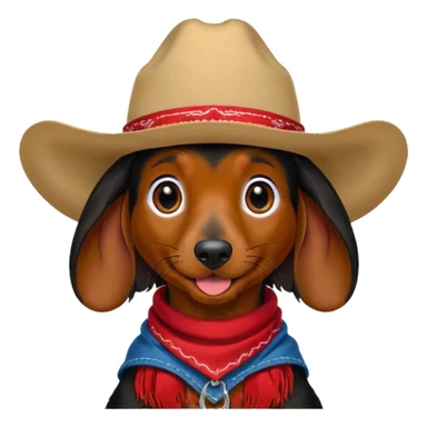 mostly black with some brown long hair daschund with a cowboy hat, ears curl out a bit and bandana and tongue slightly out sticker