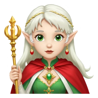 an elf with very white hair and two long ponytails on the side of her head, she has a curtain bang, green eyes, she has a white cape with golden borders and a scepter with a red orb, she has earrings that look like red drops sticker