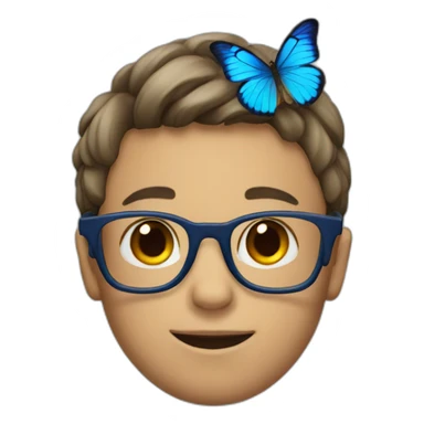 boy with glasses blue butterfly on his head sticker