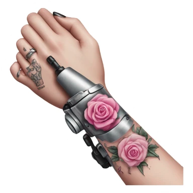 White girl hand with pink tattoos holding a tattoo machine sticker