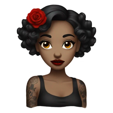 Pale black haired girl with black tattoos on body wearing red lipstick  sticker