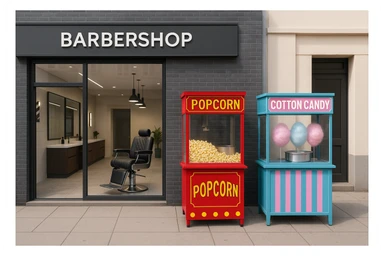 brohouse sartarosh xonasini chizib ber tashqaridan va uning yonida yupi va musqaymoq sotadigan lavkalar bulsin va sartarosh xona sal zamonaviyroq bulsin sticker