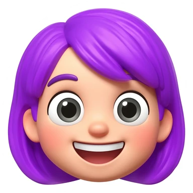 A cute 3D animated emoji character of a young girl face with vibrant purple hair. She has big expressive eyes and a wide happy smile showing teeth. The style is like a Pixar or Disney movie character, soft textures, high quality CGI render, isometric view, on a solid plain white background. sticker