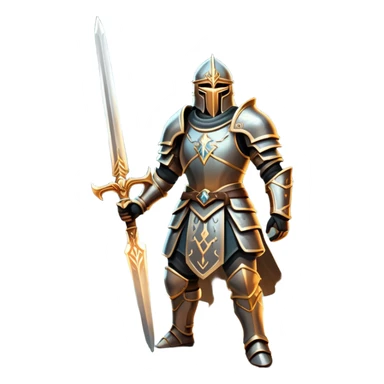 An icon representing RPG, inspired by Elden Ring. The design features a warrior in armor, holding a sword, standing in front of a mystical, dark landscape with glowing runes and a distant castle. The atmosphere evokes epic quests, exploration, and intense battles. Transparent background sticker