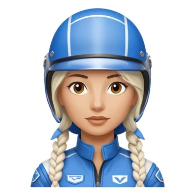 woman with white braided hair in blue racer helmet sticker