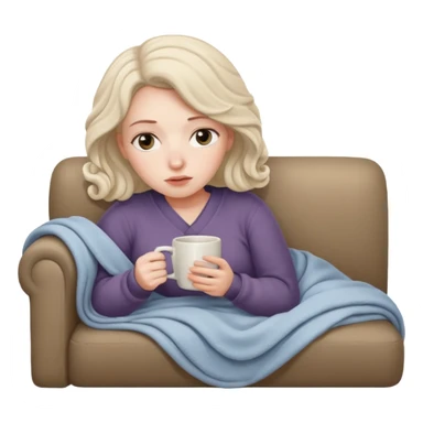 woman curled up on a couch with a blanket, holding a mug, looking thoughtful and alone sticker