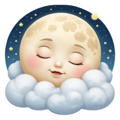 Cinematic adorable moon with a sleepy face, round and chubby, soft glowing light, tiny rosy cheeks, resting on a bed of fluffy clouds, dreamy and peaceful. sticker