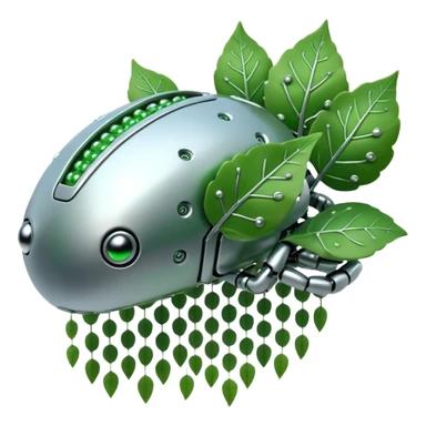 3D render of Nanobot Cloud, futuristic cyborg aesthetic, fusion of organic skin and chrome metal, swarm of tiny silver dots eating a green leaf, isolated on white background --v 6.0. sticker