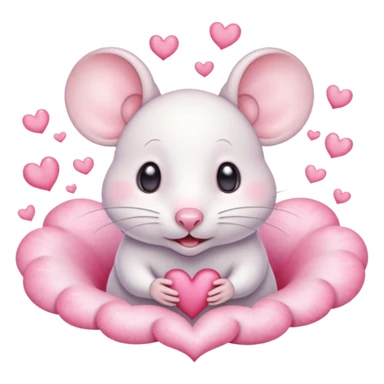 This is a cute watercolor illustration of a small, white cartoon mouse with large, round, pink-lined ears. The mouse has heart-shaped eyes, a small open mouth, and is surrounded by floating pink hearts, conveying a feeling of love, adoration, or strong affection. sticker
