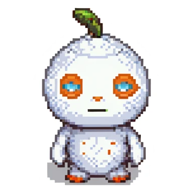 Reddit Snoo mascot, pixel art style, white body, orange eyes, small and cute sticker