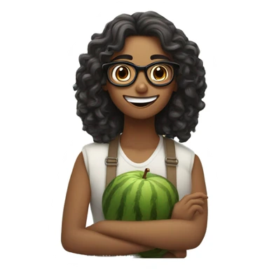 fruit-themed date. woman fair skin, shoulder-length curls, glasses, and a slightly shocked expression, as if she’s not excited about the date. The man should have an emo hairstyle and light or olive skin, with a happy and enthusiastic expression sticker