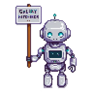 A robot hitchhiking across the galaxy, holding a sign that says 'Galaxy Hitchhiker' sticker