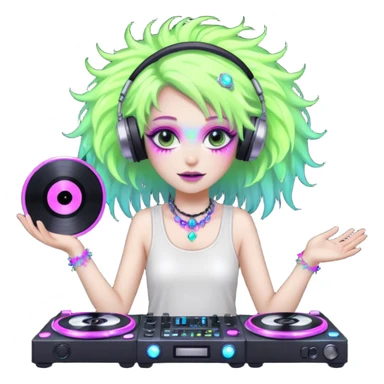  hard-techno-rave-fairy,-holding-a-dj-turntable,-wild-hair,-neon-sparkles,-minimal-background sticker
