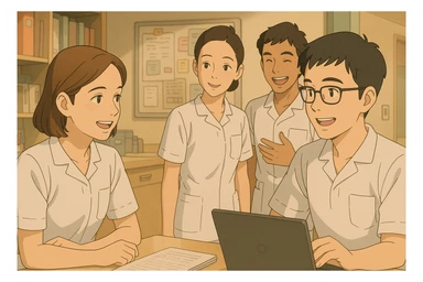 Interaction entre quatre étudiants infirmiers dans un poste de soin, ambiance d'équipe, style Ghibli. Uniformes blancs, tuniques médicales à col en V, poche poitrine à gauche, manches courtes, pas de pied de col, pas de stéthoscopes, rien ne dépasse des manches. Les visages s'inspirent des quatre photos jointes. sticker