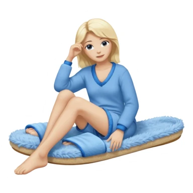 blonde woman wearing comfy lounging outfit, blue fuzzy slippers on her bare feet sticker