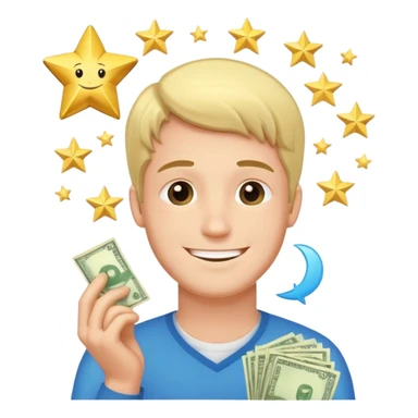 a man with a dreamy smile, thought bubble showing a stack of money and a gold star sticker