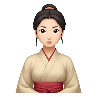 Cinematic Serene Mulan Portrait Emoji, rendered in a simplified vector style. Depict a gentle Mulan (chest and above) with warm, radiant skin, sleek dark hair pulled back in a neat bun, and a calm, thoughtful expression, wearing a simple traditional robe in muted hues. The design glows softly with an elegant, inviting light. sticker