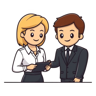 blonde woman in business suit talking to smiling brown-haired man in white shirt sticker