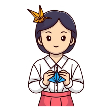 Ukrainian young girl in a white embroidered traditional shirt (vyshyvanka) holding origami paper crane sticker