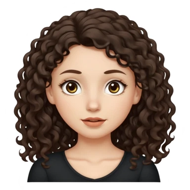 Aesthetic white girl with long curly hair color dark brown (almost black, but more brownish), hair most be in front of the shoulders. Big almond shape eyes color brown, small wide nose, natural lips, sweet expression. Dressed with a cute tight top color black. sticker