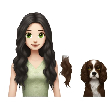 pale skin girl with green eyes with long dark brown hair that has a flower in her hair  holding a black and brown cavalier dog the dog also has a flower in its hair sticker