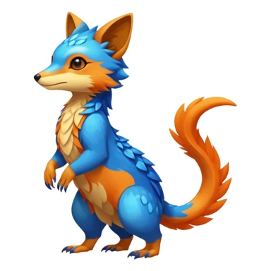 Colorful brown with blue and orange tropical exotic shiny beautiful fantasy-Vernid-Cacomistle-Oncilla-animal-Fakémon-hybrid-fursona (full body) sticker