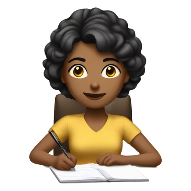 white mom with short black hair writing  a notebook on a wooden desk sticker