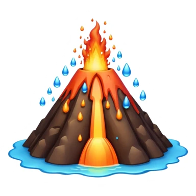 A cute, round emoji-style volcano with a smooth, simplified shape and soft shading. 
Instead of lava, the volcano erupts with colorful water droplets that pop upward in playful arcs. 
 sticker
