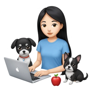 Asian girl long black hair, wearing a light blue t-shirt, working on an Apple laptop, next to her is a small black and white dog sticker