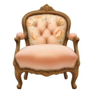 Vintage French chair with Mongolian peach, curly fur on the seat and a vintage peach and white floral on the top in a natural wood frame sticker