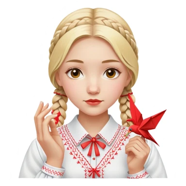 Ukrainian young girl with blonde braided hair wearing a white traditional embroidered shirt (vyshyvanka) holding a red origami paper crane in her hands sticker