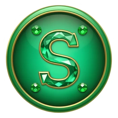 Create a custom emoji badge featuring a stylized, glossy letter “S”. Theme it according to the Emerald rank from League of Legends. Use deep green gemstones, bright emerald glows, and polished metallic framing. Luxurious and clean. sticker