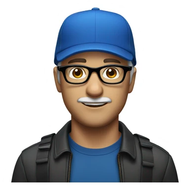 A white man wearing a blue cap and black glasses sticker