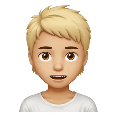 caramel skin color. Teen age. Short buzz, messy blonde hair, dark brown bushy eyebrows large expressive golden-brown eyes, brown skin color, scar over nose, wearing a plain white t-shirt. Mouth expression showing teeth sticker
