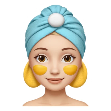 3D emoji style woman with towel head wrap, under-eye patches, smiling softly, clean girl skincare aesthetic, soft studio lighting, smooth skin texture, minimalist beige background, high resolution, PNG sticker