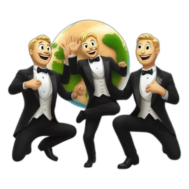 3 white men in tuxedo evil laughing with their palms raised behind a miniature earth on the ground sticker