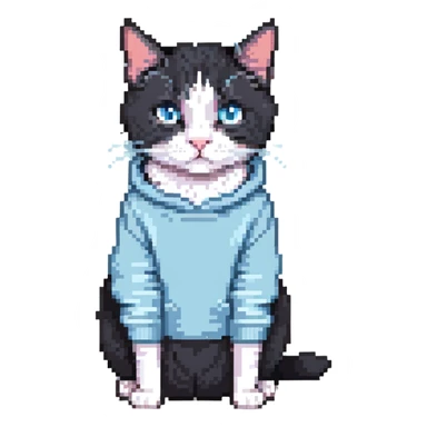 black and white cat wearing light blue sweatshirt sticker