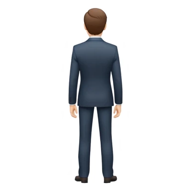person from behind in a suit, standing upright, arms at sides, minimal and clean emoji style, white background sticker