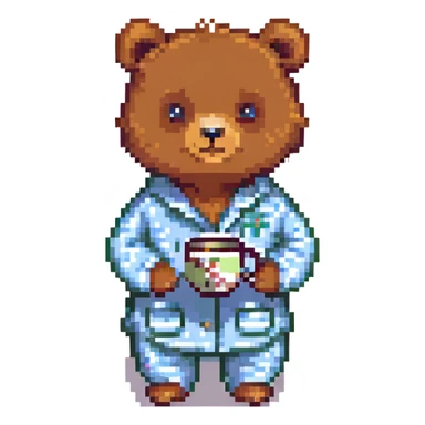 A bear in pajamas, holding a cup of tea sticker