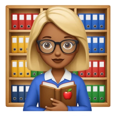 Google search character as a librarian emoji with glasses, kind expression, book and library details, apple emoji style sticker