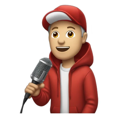 forty-something white man with a red cap and a red hoodie sings into a microphone sticker