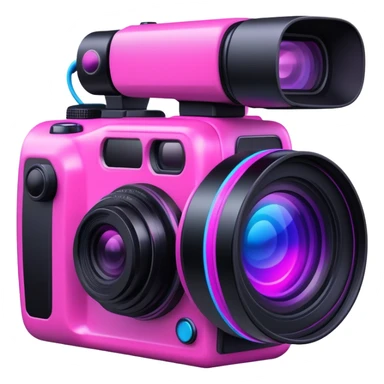 videographer's camera in pink color, with neon glow lines, blue neon glow on top left, purple neon glow on bottom right sticker