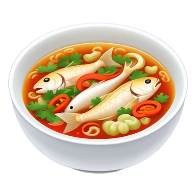 Guizhou sour fish soup with pickled vegetables, simplified emoji style with bold outlines and bright colors, cartoon style spicy sour fish dish sticker