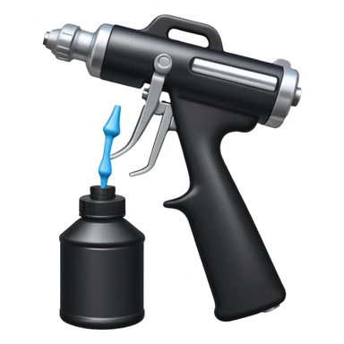 Black paint spray gun with white bottle under it sticker