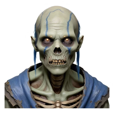 Cinematic Realistic WoW undead friendly zombie Portrait, depicted with decayed yet noble features, his weathered, pallid skin etched with ghostly blue veins and ancient scars. Clad in modest, tattered attire in muted browns and greys that remain consistently rugged, his hollow eyes burn with determined defiance. Rendered with lifelike texture and dramatic natural lighting, high shine, noble and resilient, capturing the stoic spirit of an undead veteran of Azeroth. sticker