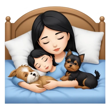 pretty asian girl with black hair sleeping in bed with small yorkshire terrier sticker